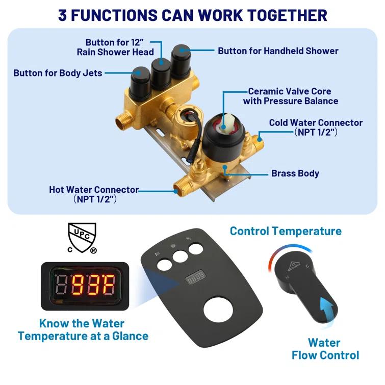 3-Function 12 Inch Temperature Digital Display Shower System With 2-Setting Slider Bar Handheld And 4Pcs Body Jets
