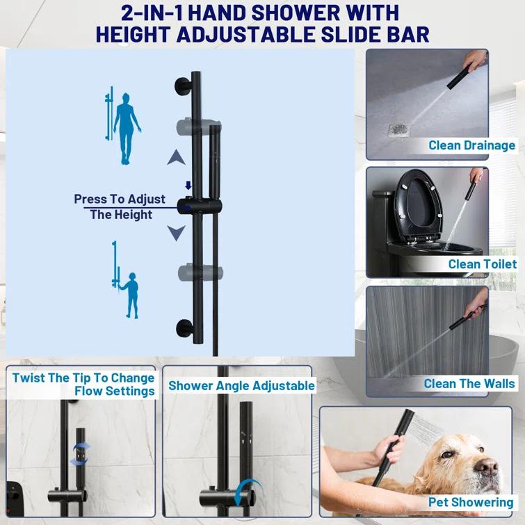 3-Function 12 Inch Temperature Digital Display Shower System With 2-Setting Slider Bar Handheld And 4Pcs Body Jets