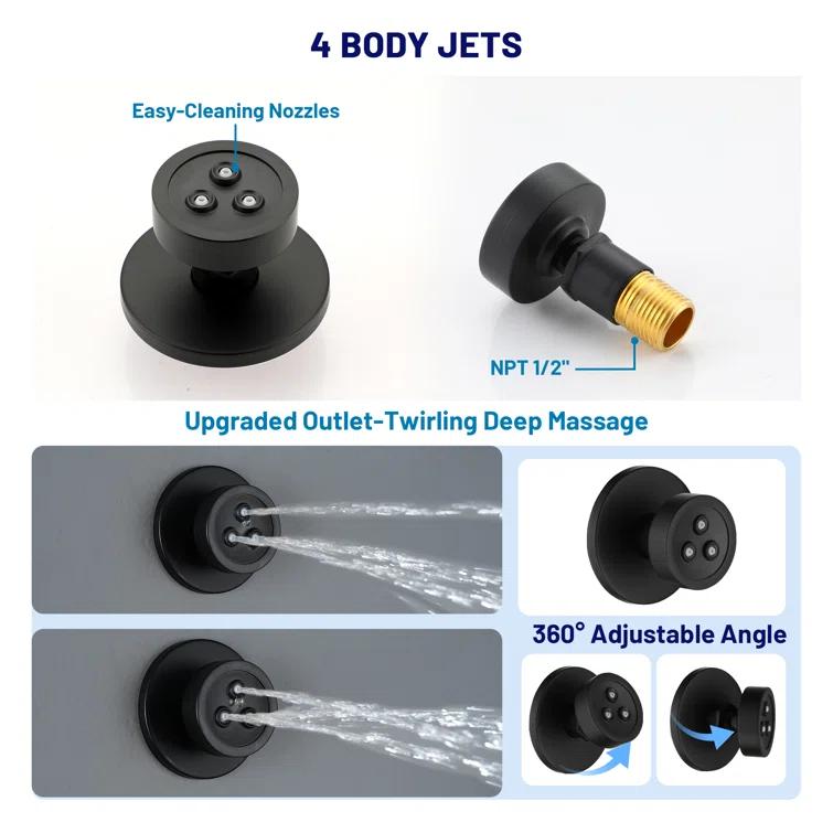 3-Function 12 Inch Temperature Digital Display Shower System With 2-Setting Slider Bar Handheld And 4Pcs Body Jets