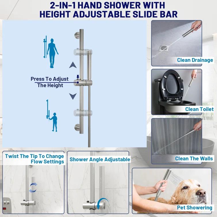 CASAINC BR01008SX12BN Rainfall Symphony 12inch Dual Showerhead Temperature Display Shower System with 2 in 1 Slider Bar Shower Handheld
