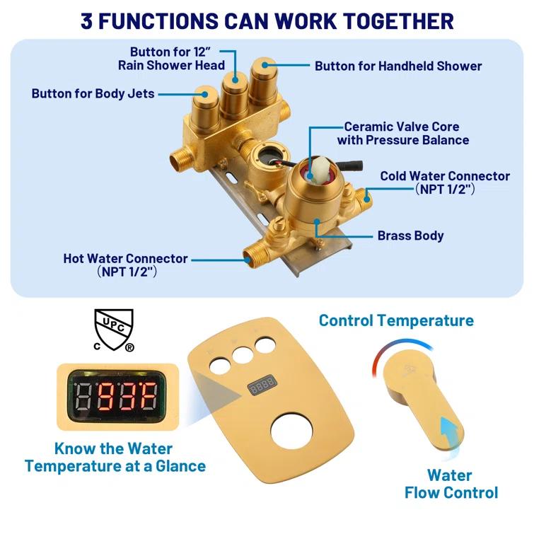 3-Function 12 Inch Temperature Digital Display Shower System With 2-Setting Slider Bar Handheld And 4Pcs Body Jets