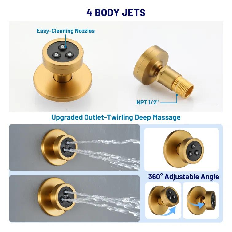 3-Function 12 Inch Temperature Digital Display Shower System With 2-Setting Slider Bar Handheld And 4Pcs Body Jets