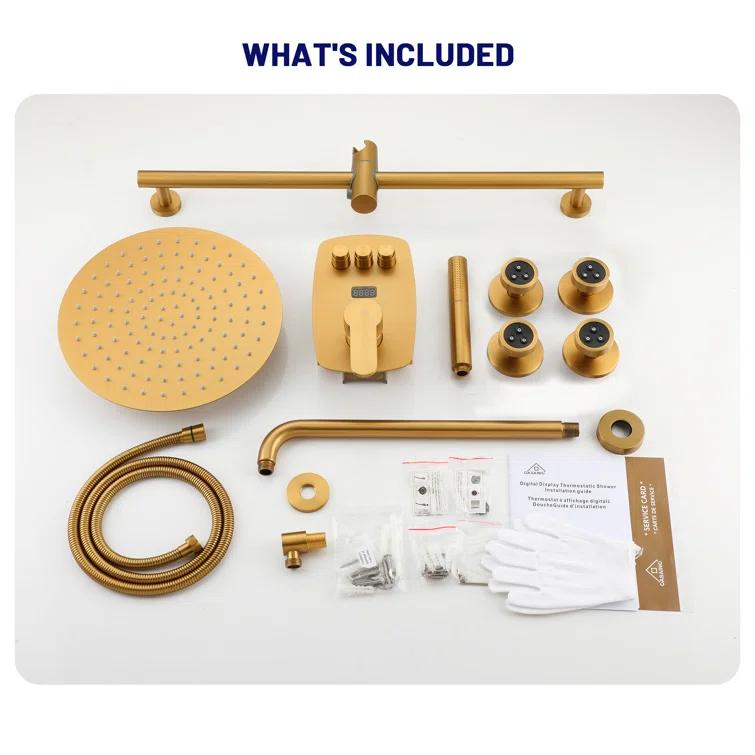 3-Function 12 Inch Temperature Digital Display Shower System With 2-Setting Slider Bar Handheld And 4Pcs Body Jets