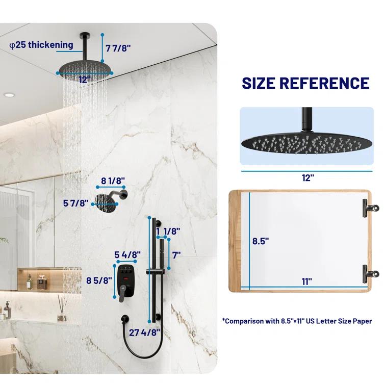 Rainfall Symphony 12inch Dual Showerhead Temperature Display Shower System with 2 in 1 Slider Bar Shower Handheld