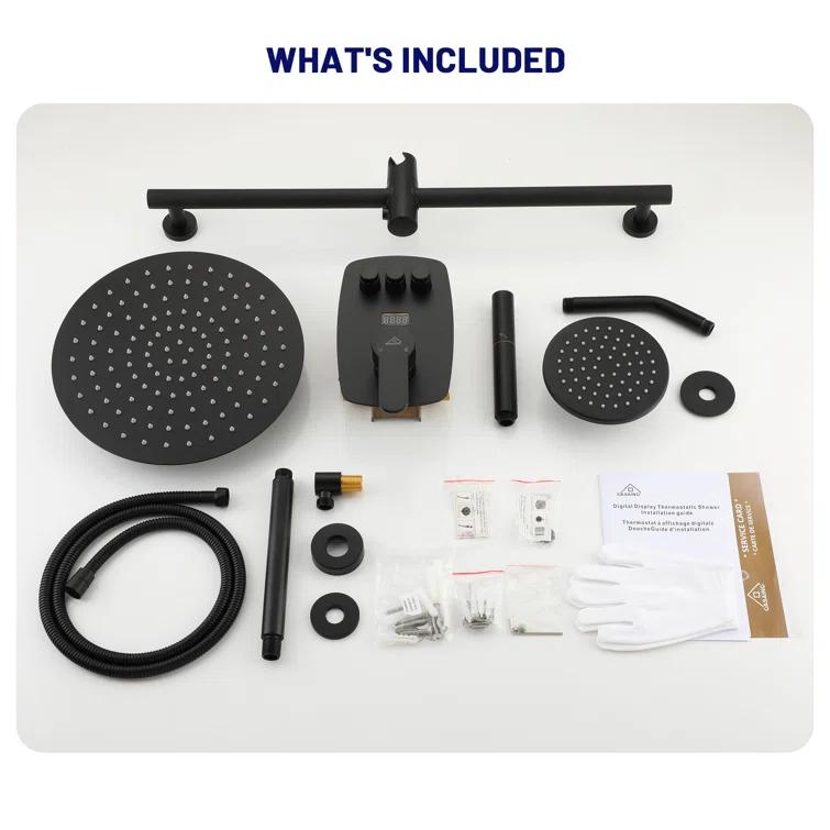 Rainfall Symphony 12inch Dual Showerhead Temperature Display Shower System with 2 in 1 Slider Bar Shower Handheld