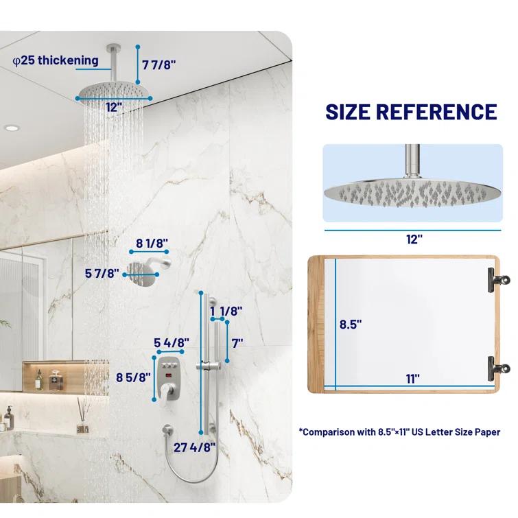 CASAINC BR01008SX12BN Rainfall Symphony 12inch Dual Showerhead Temperature Display Shower System with 2 in 1 Slider Bar Shower Handheld