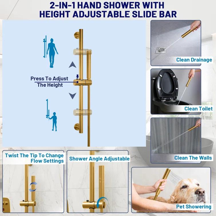 Rainfall Symphony 12inch Dual Showerhead Temperature Display Shower System with 2 in 1 Slider Bar Shower Handheld
