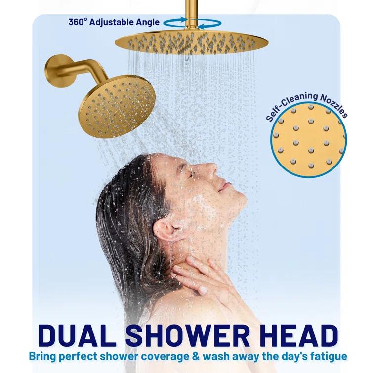 Rainfall Symphony 12inch Dual Showerhead Temperature Display Shower System with 2 in 1 Slider Bar Shower Handheld