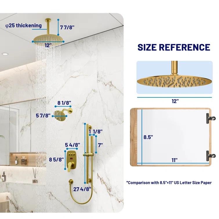 Rainfall Symphony 12inch Dual Showerhead Temperature Display Shower System with 2 in 1 Slider Bar Shower Handheld