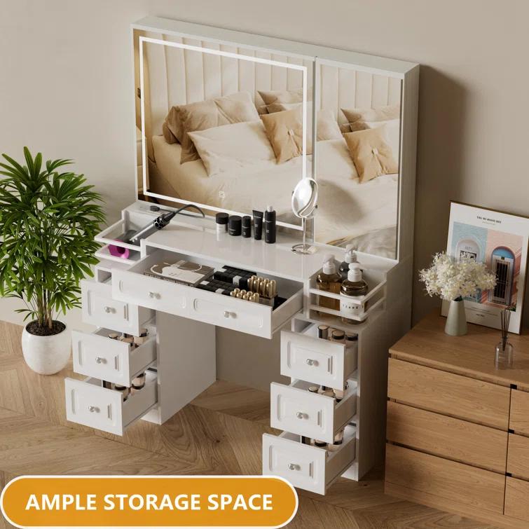 Ivy Bronx Vanity Desk With Mirror And Lights, Makeup Vanity With Charging Station & 7 Drawers, White Vanity With 2 Fences, Dressing Table With Hidden Cabinet, For Women Girls, Brightness Adjustable