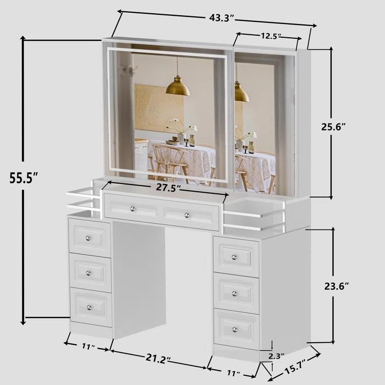 Ivy Bronx Vanity Desk With Mirror And Lights, Makeup Vanity With Charging Station & 7 Drawers, White Vanity With 2 Fences, Dressing Table With Hidden Cabinet, For Women Girls, Brightness Adjustable