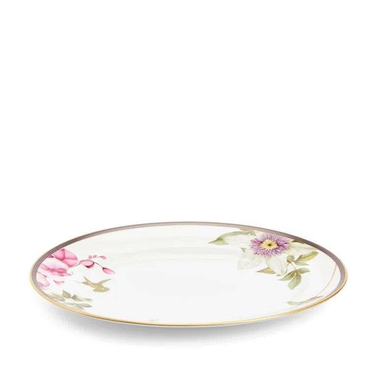 Hummingbird Floral Ceramic Oval Platter with Gold Accent