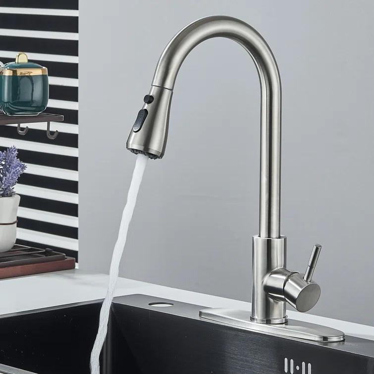 Brushed Nickel Kitchen Sink Faucet with Pull Down Sprayer Single Handle Single Hole Mixer Tap