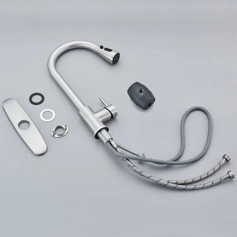 Brushed Nickel Kitchen Sink Faucet with Pull Down Sprayer Single Handle Single Hole Mixer Tap