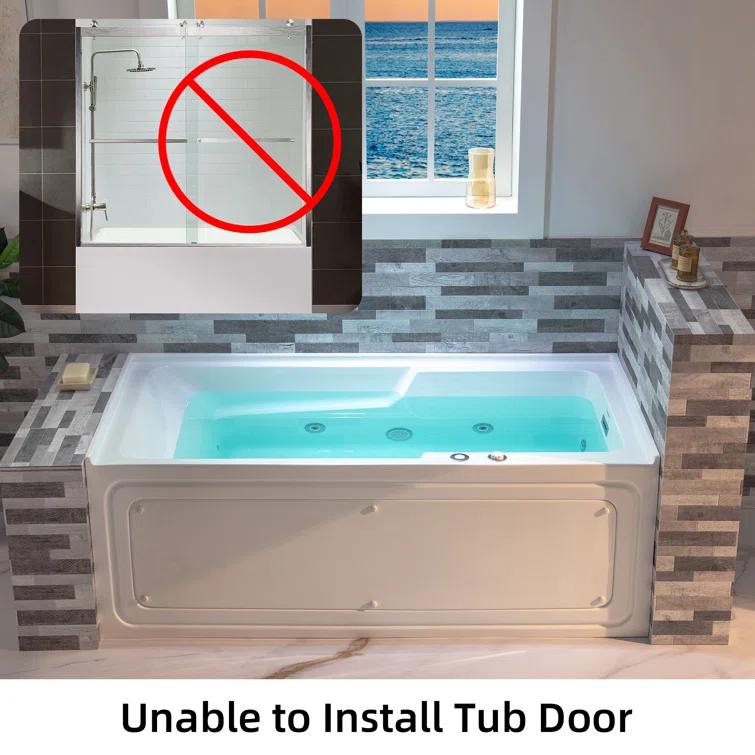 60" x 30" Whirlpool Heated Rectangular Alcove Acrylic Bathtub with Chrome/Matte Black Drain and Overflow