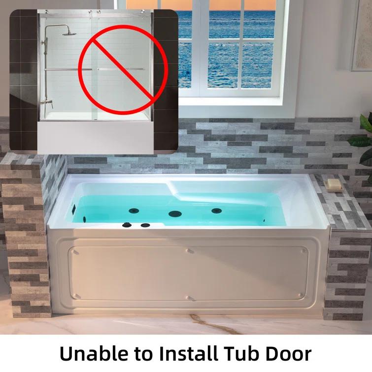 60" x 30" Whirlpool Heated Rectangular Alcove Acrylic Bathtub with Chrome/Matte Black Drain and Overflow