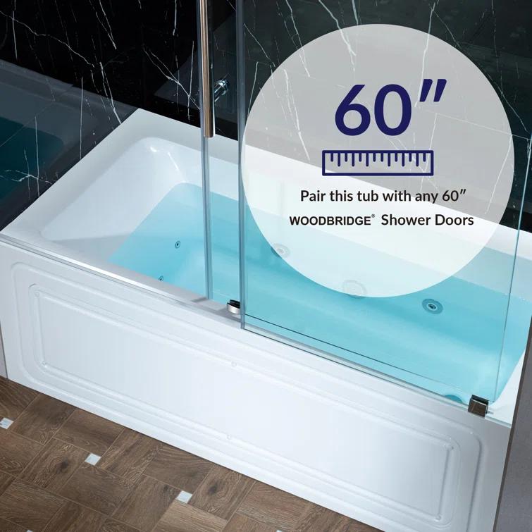 WoodBridge 60" X 30" Alcove Acrylic Rectangular Whirlpool Heated Jetted Tub In White With Drain and Overflow BS666-R-CH01