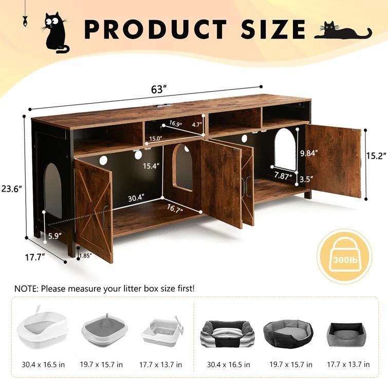 63"W TV Stand Furniture & Hidden Litter Box Enclosure & Double Litter Box For 2 Cats, Farmhouse Inclosed Litter Boxes For Cats with Outlet Power