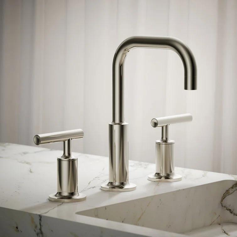 Purist® Widespread Faucet with Drain Assembly Low Lever Handles and Low Gooseneck Spout