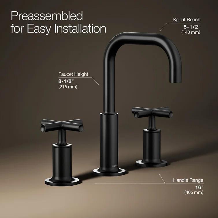 Kohler Purist® Widespread Bathroom Faucet with Pop-Up Drain Assembly, 3-Hole High Arc Cross Handle Bathroom Sink Faucet, 1.2 gpm