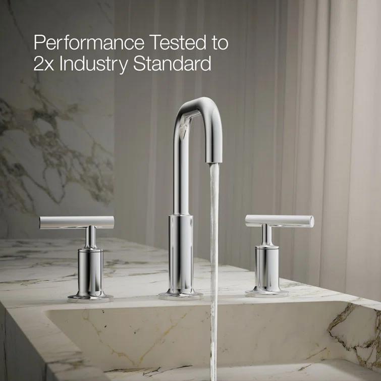 Purist® Widespread Faucet with Drain Assembly Low Lever Handles and Low Gooseneck Spout