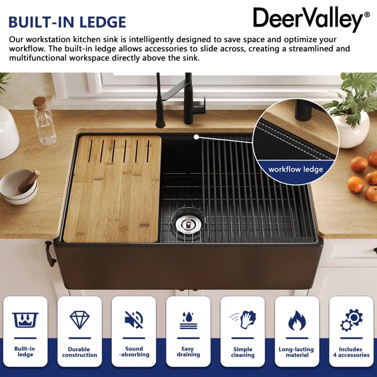 33"L x 20"W Farmhouse Kitchen Sink Deep Single Bowl Fireclay Workstation Sink with Cutting Board and Dish Drying Rack