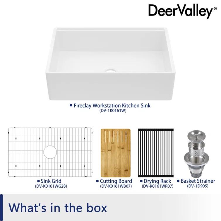 33"L x 20"W Farmhouse Kitchen Sink Deep Single Bowl Fireclay Workstation Sink with Cutting Board and Dish Drying Rack