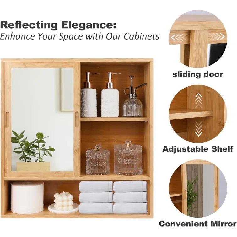 Bamboo Medicine Cabinet Mirror,Mirrored Cabinet With 2 Sliding Doors