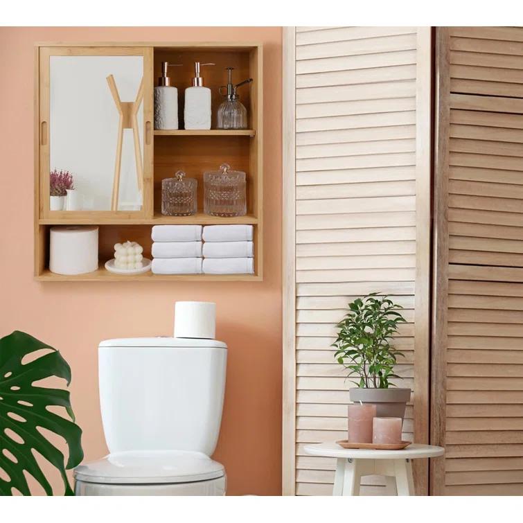 Bamboo Medicine Cabinet Mirror,Mirrored Cabinet With 2 Sliding Doors