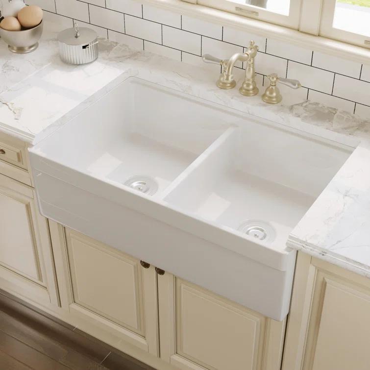33" L X 20" W White Fireclay Double Bowl Workstation Farmhouse Kitchen Sink with Cutting Board And Dish-Drying Rack