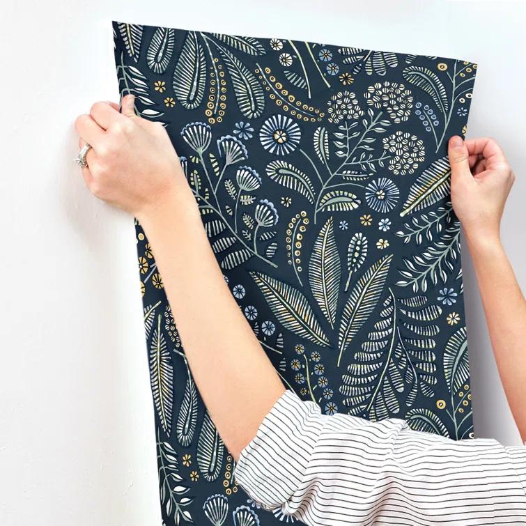Navy Blue Floral Non-Woven Removable Wallpaper