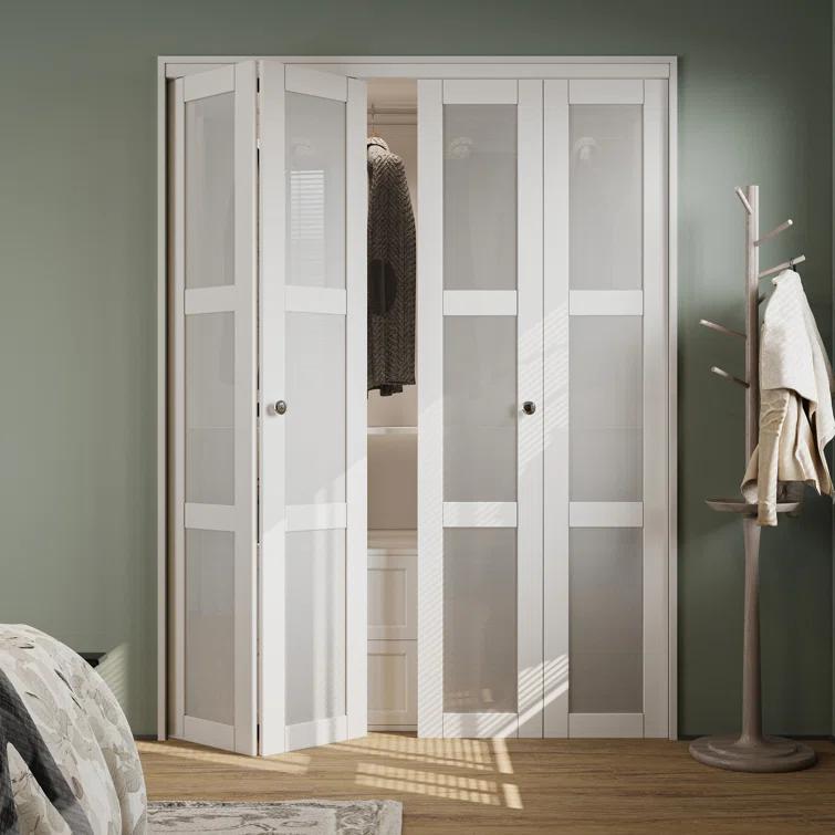 CHIC MODE Double Bifold Doors 3 Lite Frosted Glass Solid Manufactured Wood Prefinished Folding Door & Reviews | Wayfair