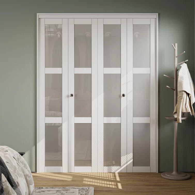 CHIC MODE Double Bifold Doors 3 Lite Frosted Glass Solid Manufactured Wood Prefinished Folding Door & Reviews | Wayfair