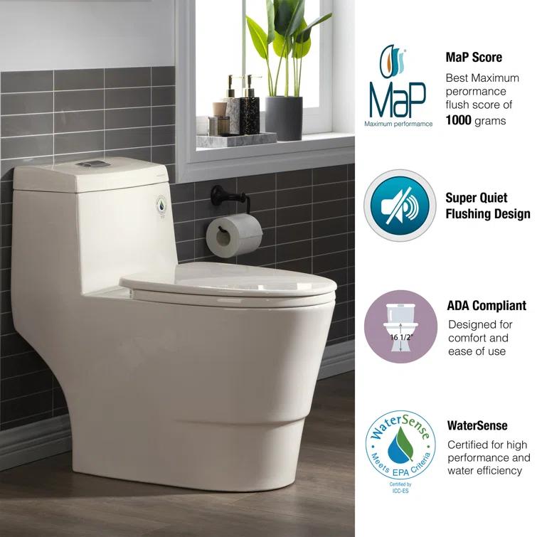 1.28 GPF Elongated ADA Height One Piece Dual-Flush Toilet with Soft-Closing Seat,MAP Flushing 1000G