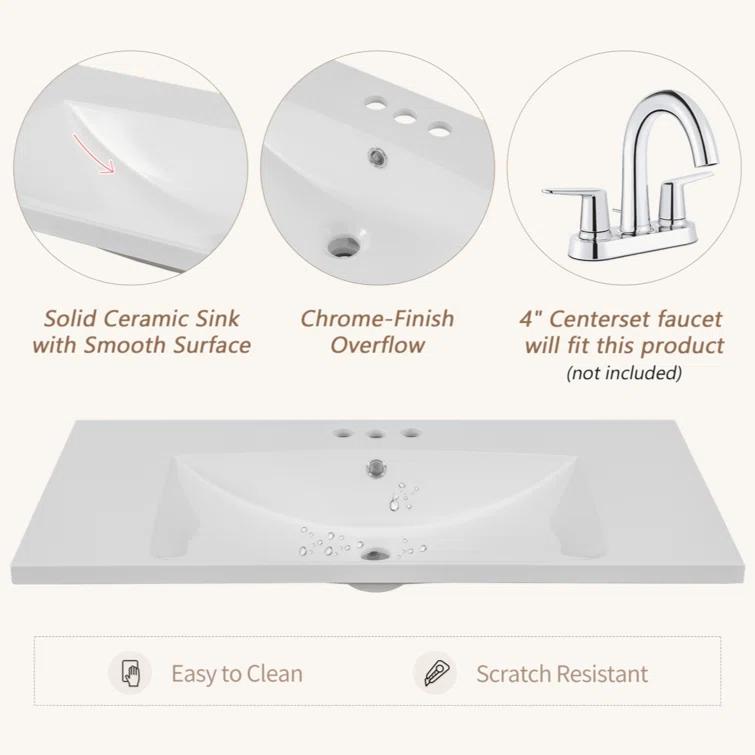 Tech Cube TCYX05543A 36" Single Bathroom Vanity Top With White Basin, 3-Faucet Holes, Ceramic, White