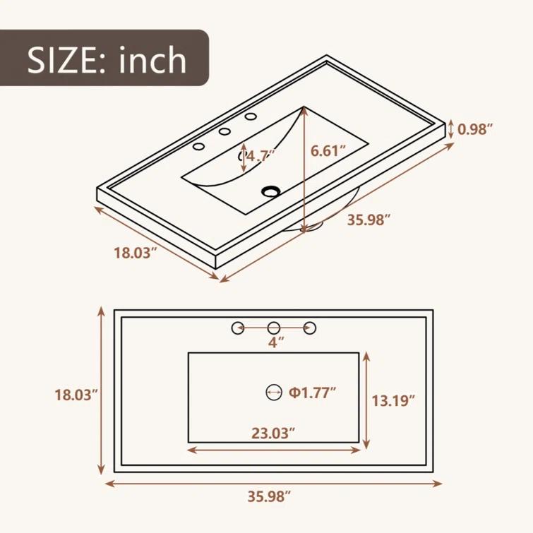 Tech Cube TCYX05543A 36" Single Bathroom Vanity Top With White Basin, 3-Faucet Holes, Ceramic, White