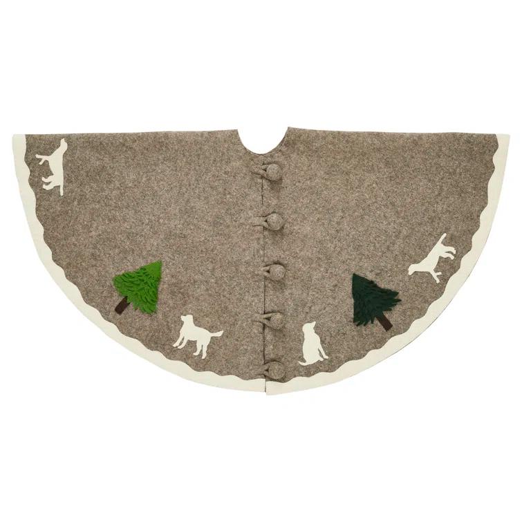Arcadia Home Cream Dogs and Green Trees Christmas Tree Skirt on Gray in Hand Felted Wool