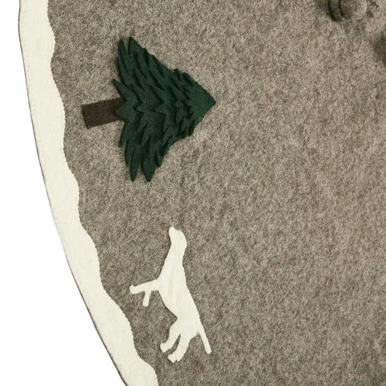Arcadia Home Cream Dogs and Green Trees Christmas Tree Skirt on Gray in Hand Felted Wool