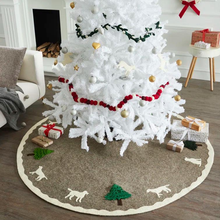 Arcadia Home Cream Dogs and Green Trees Christmas Tree Skirt on Gray in Hand Felted Wool