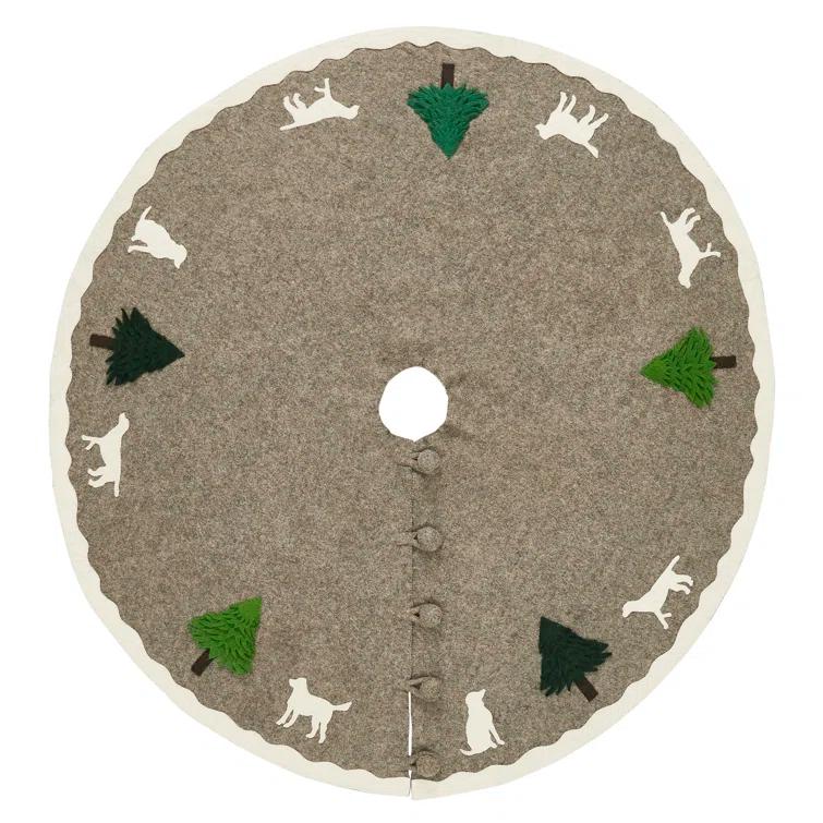 Arcadia Home Cream Dogs and Green Trees Christmas Tree Skirt on Gray in Hand Felted Wool