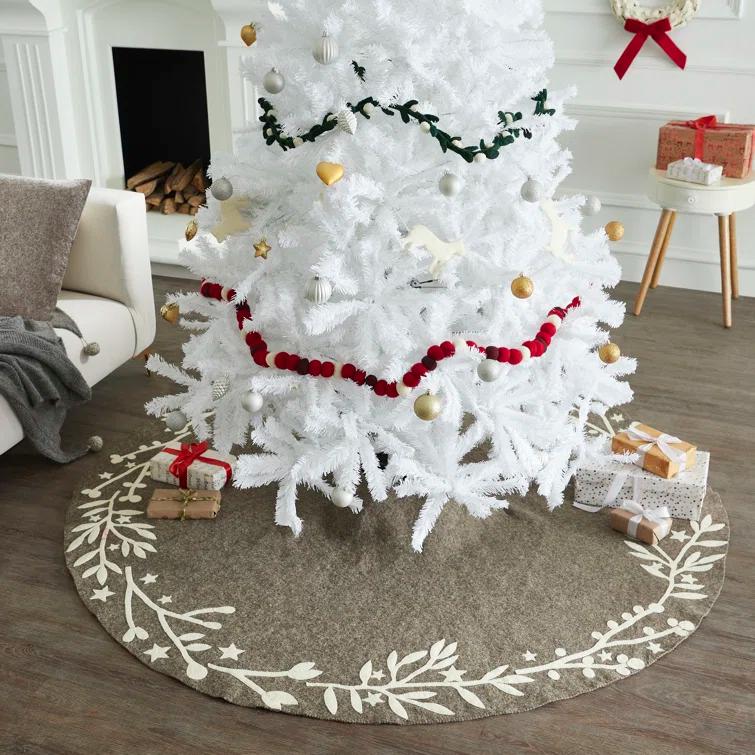 Handmade Green Felt Christmas Tree Skirt with Cream Branches and Stars - 60"