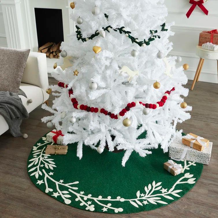 Handmade Green Felt Christmas Tree Skirt with Cream Branches and Stars - 60"