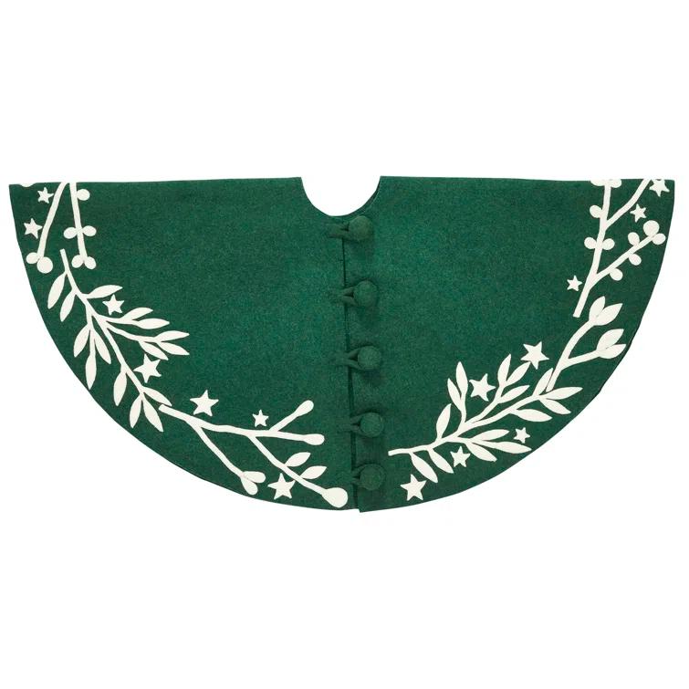 Handmade Green Felt Christmas Tree Skirt with Cream Branches and Stars - 60"