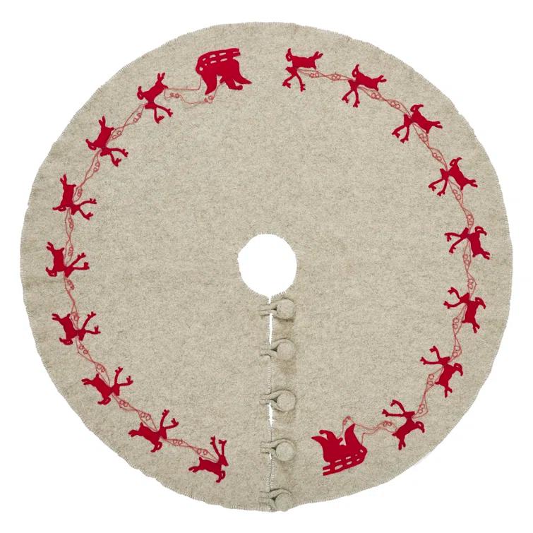 Arcadia Home Reindeer tree skirt- grey with red reindeer and cream whip stitch-72"