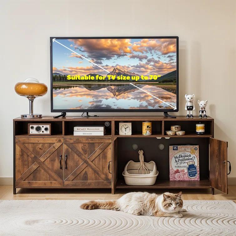 63"W TV Stand Furniture & Hidden Litter Box Enclosure & Double Litter Box For 2 Cats, Farmhouse Inclosed Litter Boxes For Cats with Outlet Power