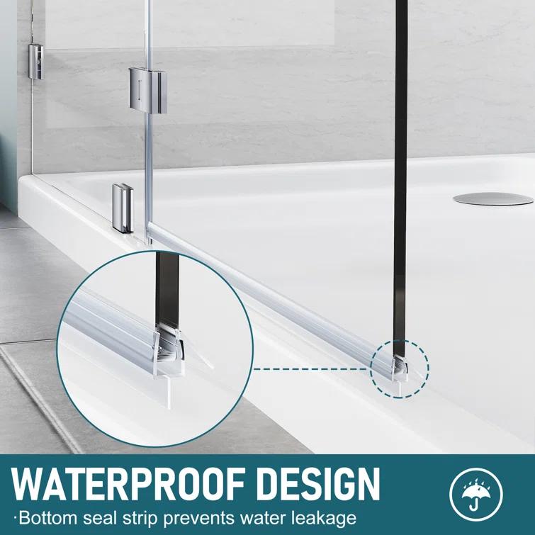 48"W x 58"H Frameless Shower Door,Hinged Pivot Tub Door with 1/4" Clear Tempered Glass,Chrome