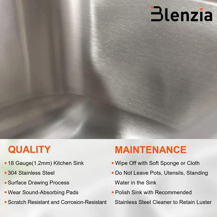 Blenzia 32 Inch Double Bowl Kitchen Sink 50/50 Undermount 304 Stainless Steel 18 Gauge 32" X 18" X 9"