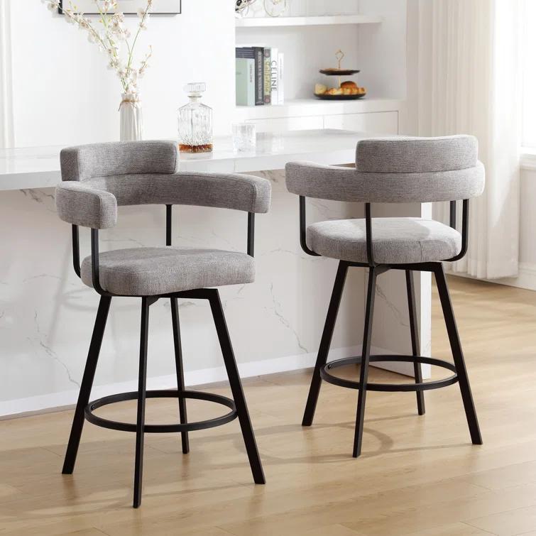 Rabassa Swivel Upholstered 26" Linen Counter Stool with Curved Wing Back and Metal Frame