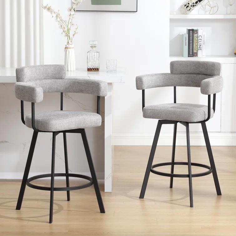 Rabassa Swivel Upholstered 26" Linen Counter Stool with Curved Wing Back and Metal Frame