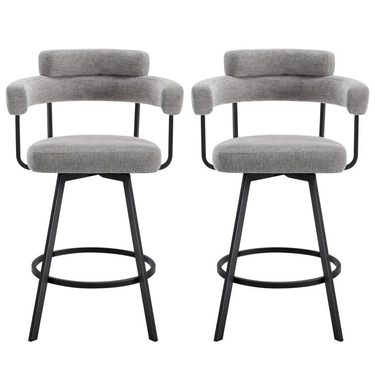Rabassa Swivel Upholstered 26" Linen Counter Stool with Curved Wing Back and Metal Frame